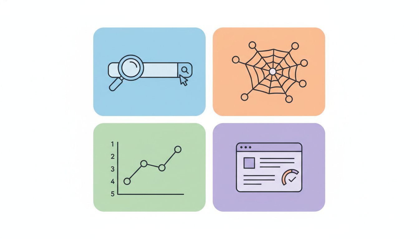 SEO tools organized by workflow category - keyword research, technical audit, rank tracking, content optimization