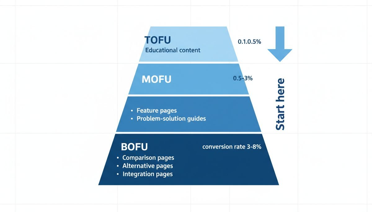 BOFU-first SaaS SEO funnel strategy showing bottom-of-funnel content driving trial signups