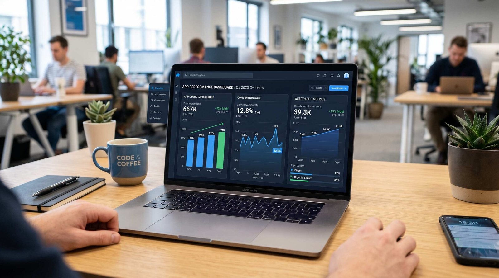 Mobile app SEO analytics dashboard showing install attribution and organic traffic