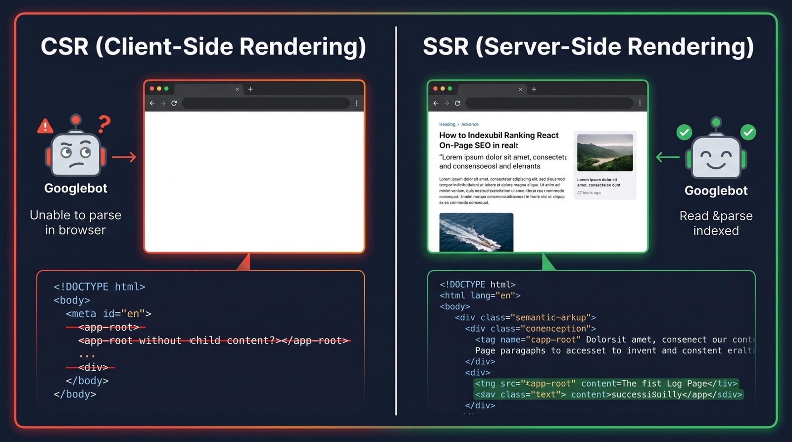 CSR vs SSR comparison diagram showing how client-side rendered pages appear blank to AI crawlers while server-side rendered pages are fully accessible