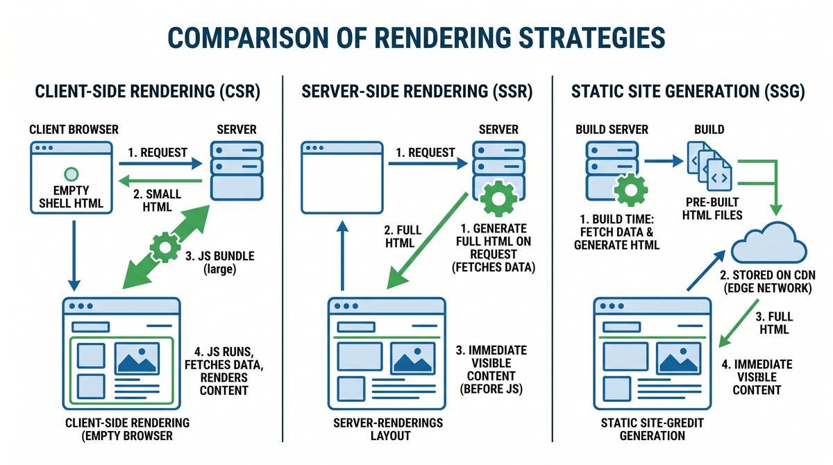 Diagram comparing CSR, SSR and SSG rendering strategies for React apps