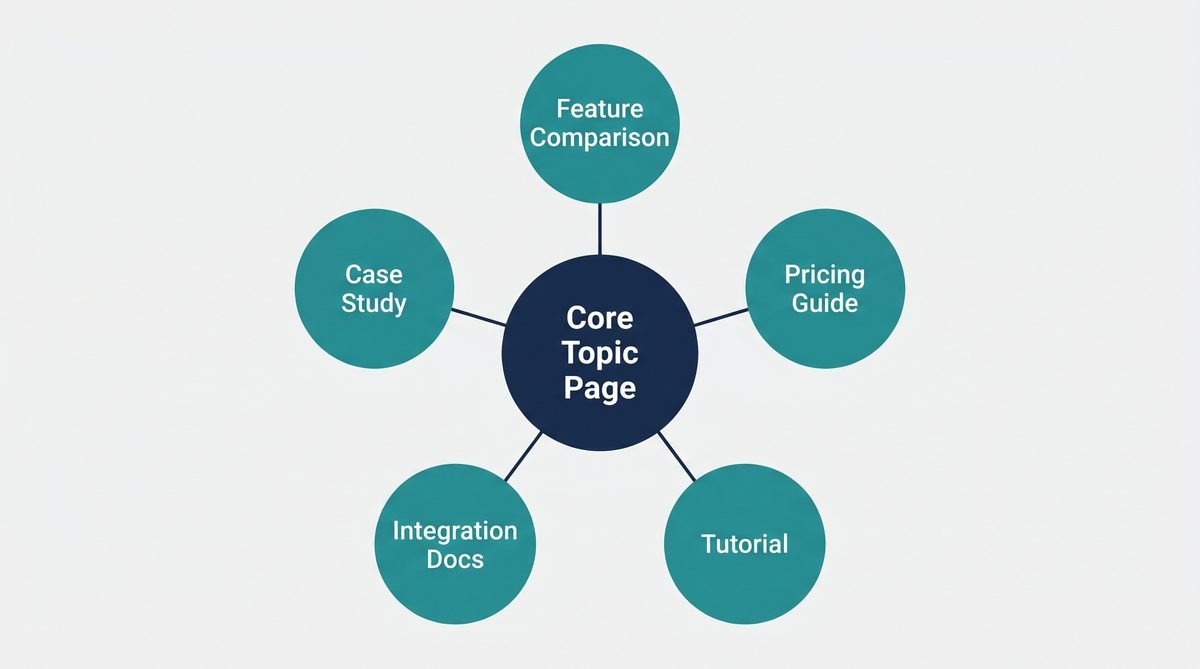 SaaS SEO content cluster hub-and-spoke model showing pillar page connected to supporting topic pages