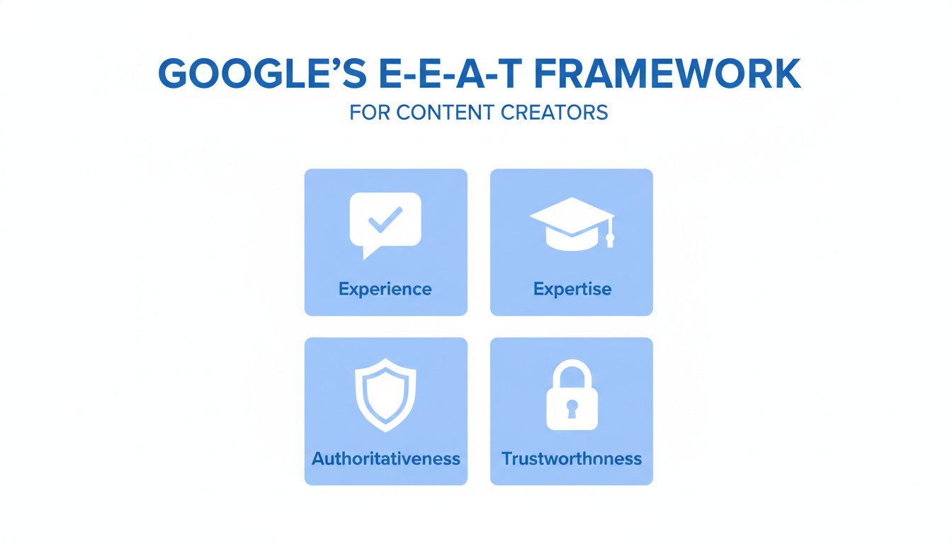 Google E-E-A-T framework diagram showing Experience, Expertise, Authoritativeness, and Trustworthiness signals for bloggers