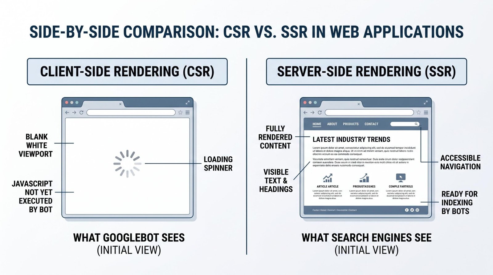 Comparison diagram showing CSR (blank page for Googlebot) versus SSR (fully rendered content visible to search engines)