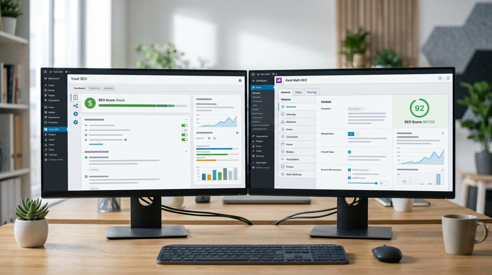 Two monitors showing different WordPress SEO plugin dashboards side by side for comparison