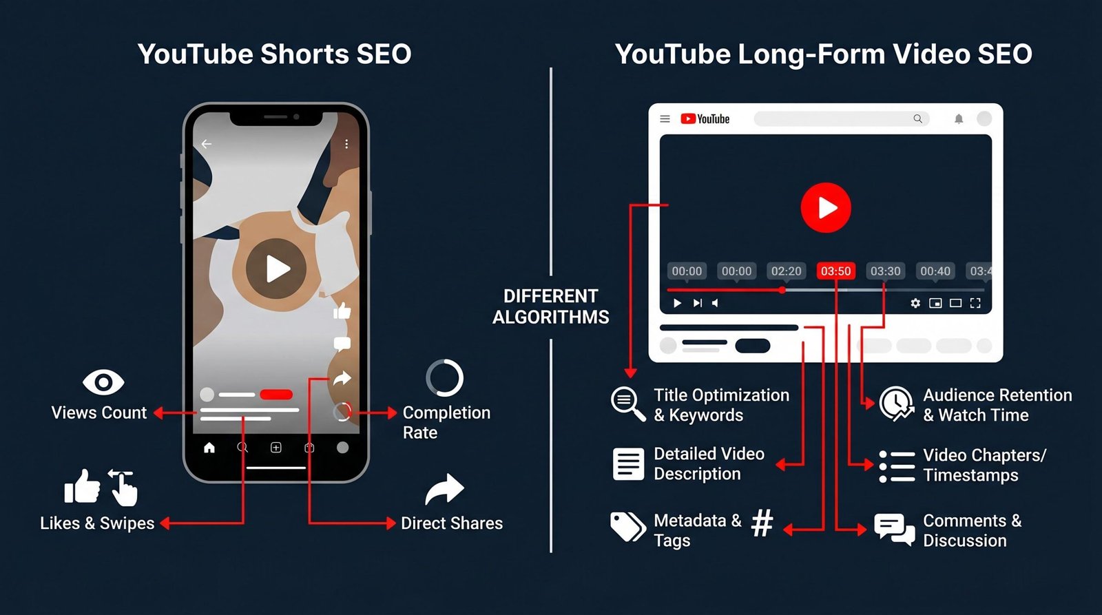Comparison of YouTube Shorts versus long-form video SEO showing the two algorithms operate differently