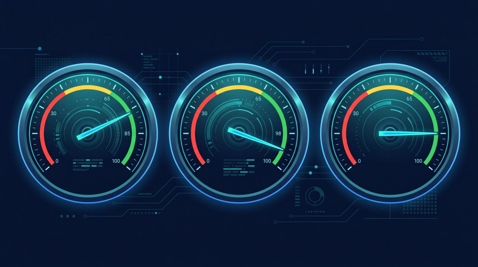 Three circular performance gauge indicators showing Core Web Vitals metrics - LCP, INP, and CLS - all in the green passing zone