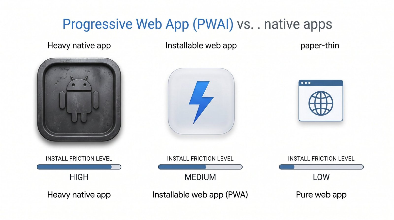 PWA vs native app vs web app comparison showing three app types by install friction and discoverability