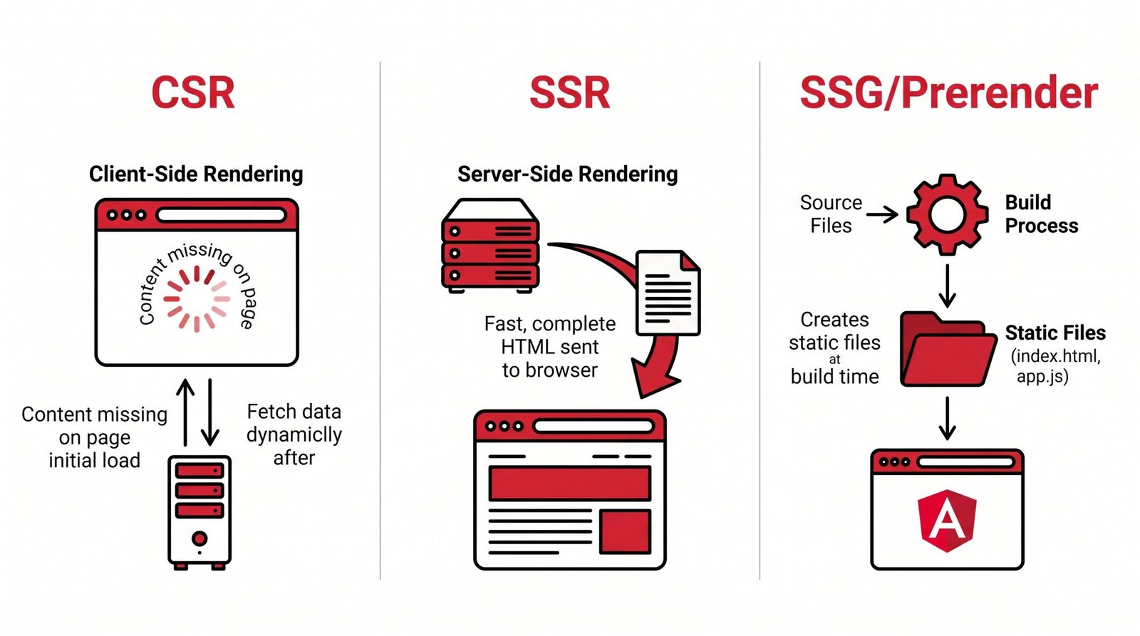 Angular CSR vs SSR vs Prerendering comparison for SEO Diagram comparing Angular CSR, SSR, and prerendering approaches for SEO: CSR shows empty browser, SSR shows server sending full HTML, prerendering shows build-time static files