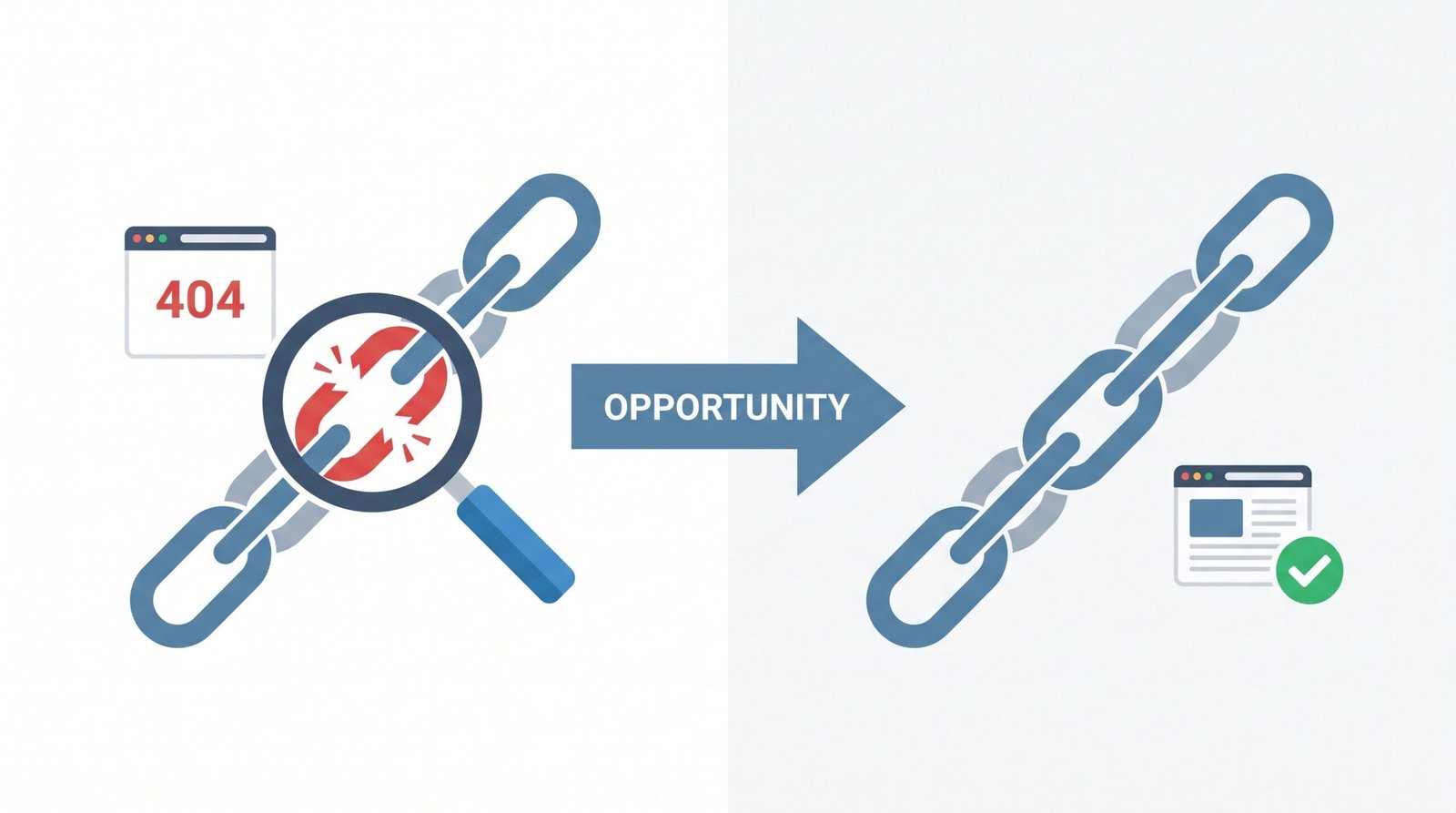 Broken link building diagram showing a 404 error page being replaced with a working page to earn a backlink