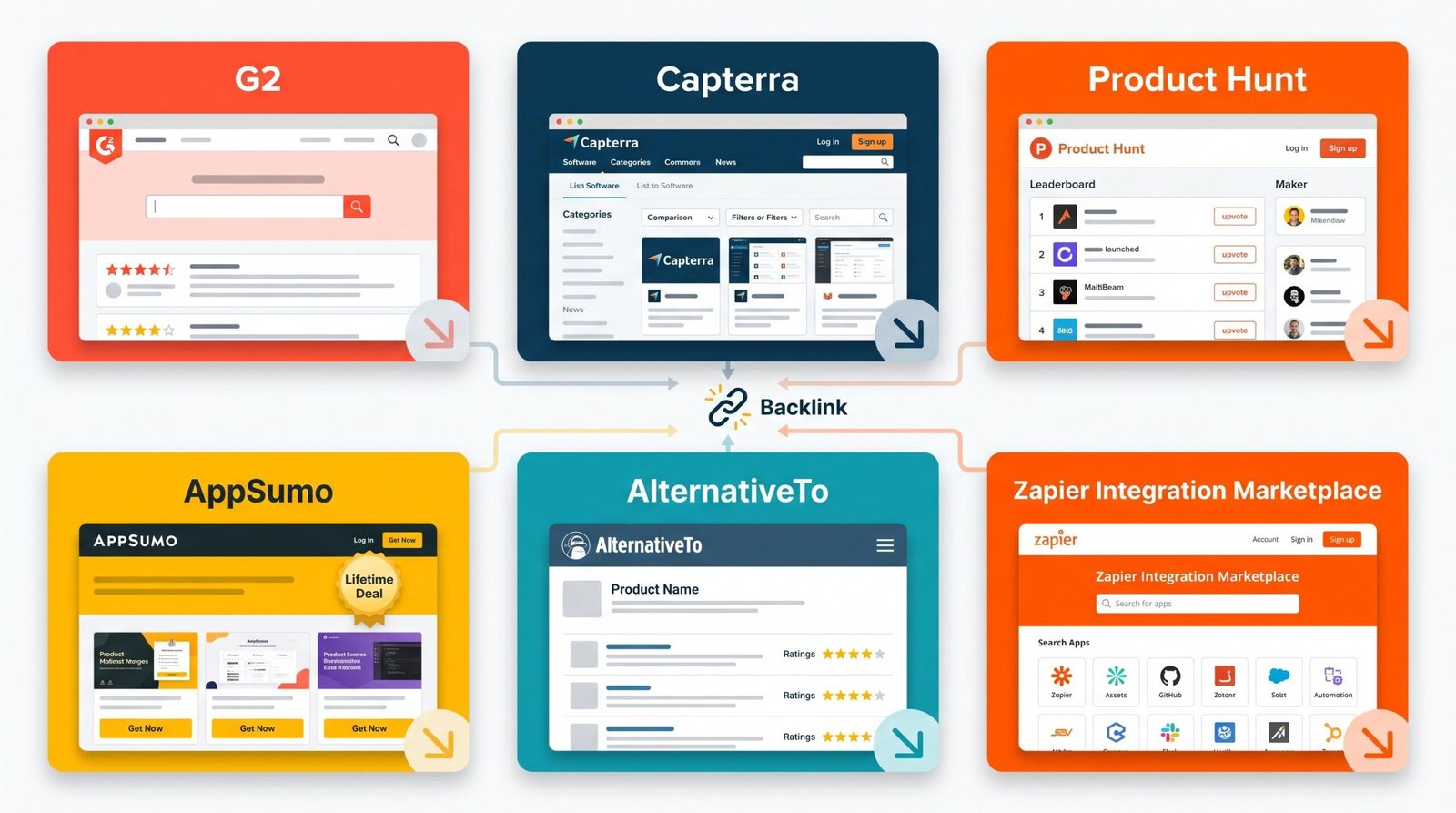 Grid of SaaS directory platforms including G2, Capterra, Product Hunt, AppSumo, AlternativeTo, and Zapier as link building sources